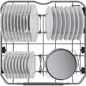 Top-down view of Haier I Pro Shine Series 3 dishwasher interior showing white plate racks, upper and lower basket sections with multiple plate slots, central spray arm, and large circular filter basket on white background