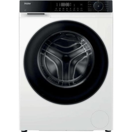 Haier X Series white washer dryer combo with black trim and digital display showing 10kg wash and 6kg dry capacity front-loading model HWD100BP16357UUK