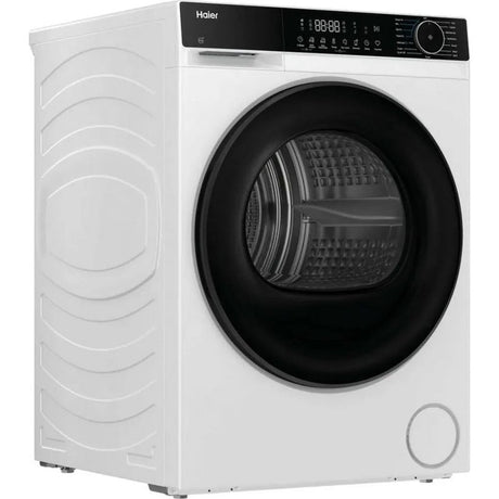 Haier X Series 5 8kg heat pump tumble dryer in white with black control panel and large black circular door displaying rotating drum inside