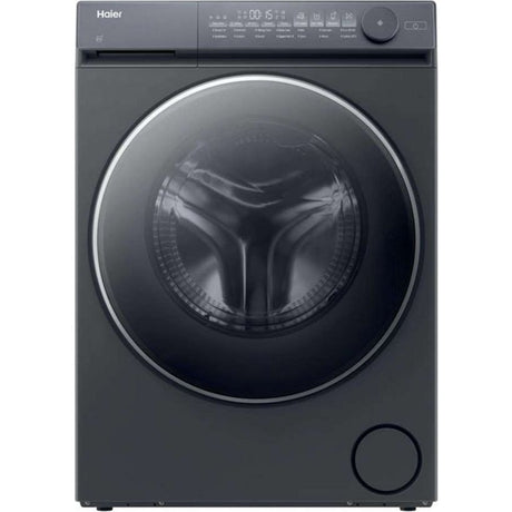 Haier X Series graphite grey front-load washing machine with 12kg capacity, 1400 spin speed, WiFi enabled, featuring digital display and control dial, model HW120-B14367GUUK