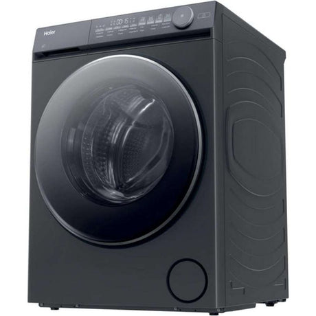 Haier X Series graphite grey front-load washing machine with 12kg capacity, 1400 spin speed, WiFi enabled, featuring a large circular door and control panel on top