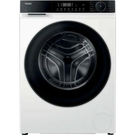Haier X Series 5 9kg washing machine in white with black trim, featuring a large circular black door, digital display panel, and rotary control dial on top