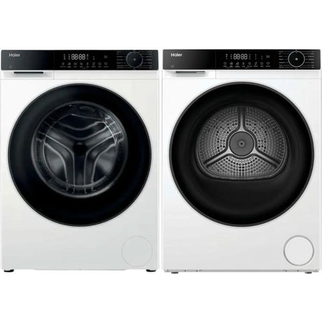 Haier X Series 5 white front-loading washing machine and heat pump dryer bundle with black drums and digital displays side by side