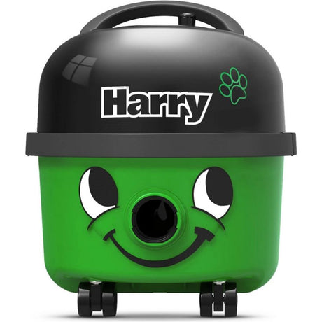 Harry Pet Vacuum Cleaner in green and black with friendly face design, featuring large cartoon eyes, smiling mouth, paw print logo, carry handle and wheels for pet hair cleaning