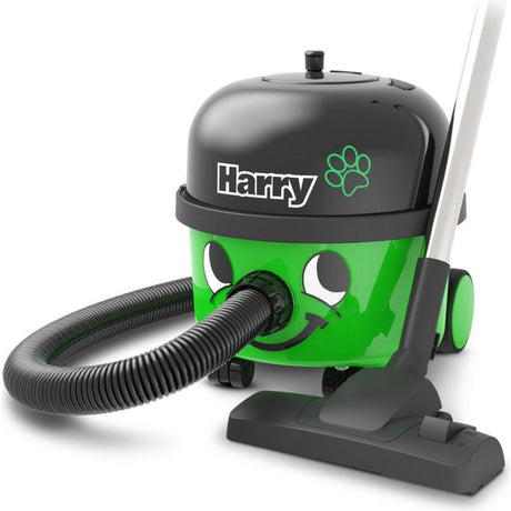 Harry Pet Vacuum Cleaner in green and black with paw print logo, featuring a flexible hose, floor brush attachment, and wheels for portable pet hair cleaning