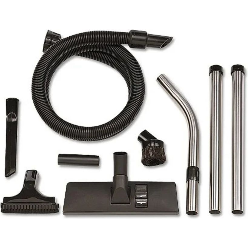 Vacuum cleaner accessory kit with black hose, floor brush, upholstery brush, crevice tools, dusting brush and extension tubes on white background