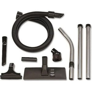 Vacuum cleaner accessory kit with black hose, floor brush, upholstery brush, crevice tools, dusting brush and extension tubes on white background