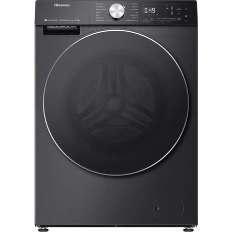 Hisense 10.5kg black front-load washing machine with 1400 spin speed, featuring digital display, large circular door, metallic trim, and autodose dispenser