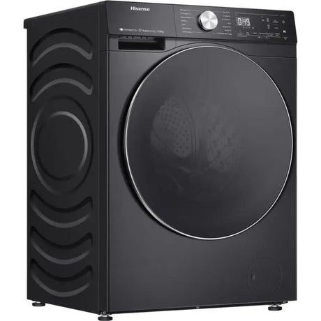 Hisense 10.5kg black washing machine with 1400 spin speed, featuring a large circular door, digital display showing 04:43 cycle time, metal control dial, and wave pattern design on the left side panel