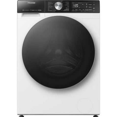 Hisense white front-load washer dryer with black drum and control panel displaying 120 minutes, 10.5kg wash capacity and 6kg dry capacity, featuring Autodose technology and WiFi connectivity