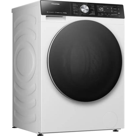 Hisense white front-load washer dryer combo with black control panel and large dark grey door, featuring 10.5kg wash and 6kg dry capacity with Autodose and WiFi connectivity