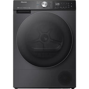 Hisense 10kg black heat pump tumble dryer with WiFi connectivity, digital display showing 3:20, front-loading design with large circular door and modern control panel