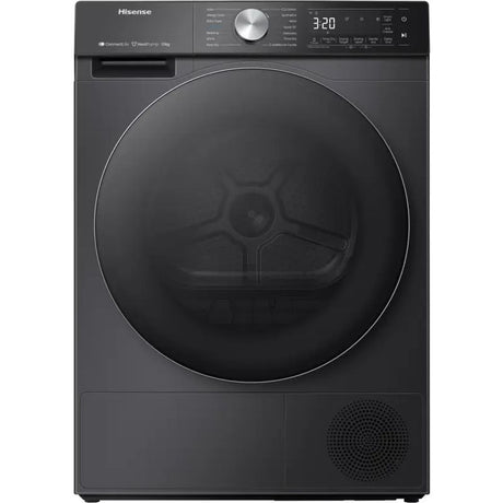 Hisense 10kg black heat pump tumble dryer with WiFi connectivity, digital display showing 3:20, front-loading design with large circular door and modern control panel