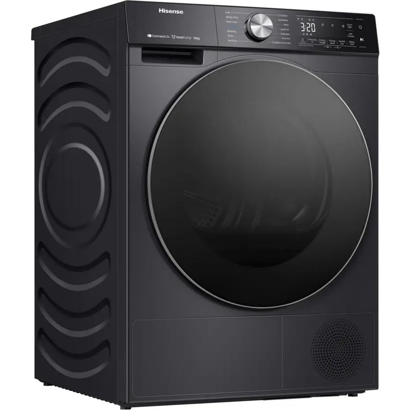 Hisense 10kg black heat pump tumble dryer with WiFi connectivity, featuring a large circular door, digital display showing 3:20, control knob, and wave pattern design on the left side