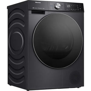 Hisense 10kg black heat pump tumble dryer with WiFi connectivity, featuring a large circular door, digital display showing 3:20, control knob, and wave pattern design on the left side