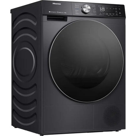 Hisense 10kg black heat pump tumble dryer with WiFi connectivity, featuring a large circular door, digital display showing 3:20, control knob, and wave pattern design on the left side