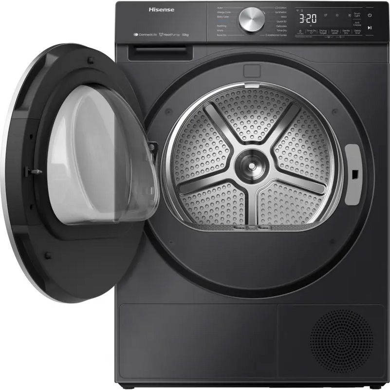Hisense 10kg heat pump tumble dryer in black with open door showing metal drum, digital display showing 3:20, control knob and buttons on top panel, and ventilation grille on front lower section