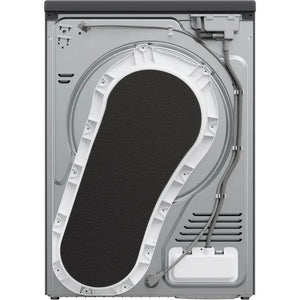 Interior view of Hisense 10kg heat pump tumble dryer showing white drum and metal components with grey metal housing and black ventilation grilles