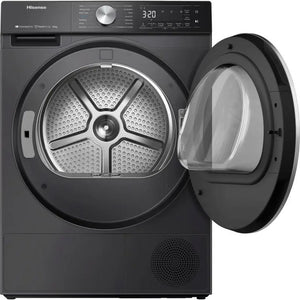 Hisense 10kg heat pump tumble dryer in black with open door showing stainless steel drum, digital display showing 320 minutes, control dial and buttons visible on top panel