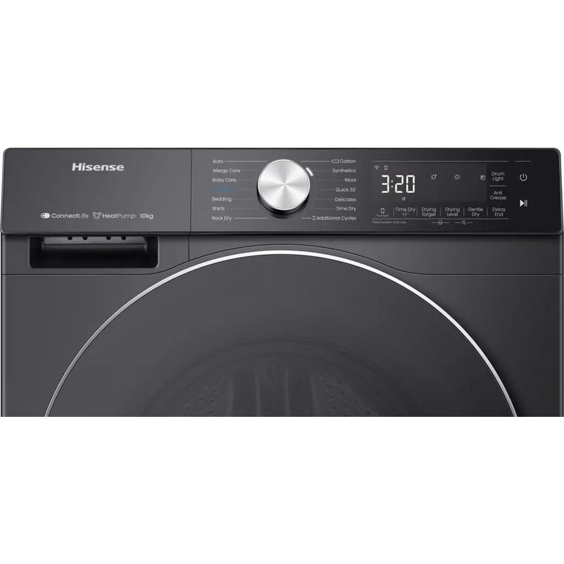 Hisense 10kg black heat pump tumble dryer with WiFi connectivity, featuring digital display showing 3:20, large circular door, stainless steel control dial, and multiple drying cycles on control panel