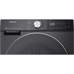 Hisense 10kg black heat pump tumble dryer with WiFi connectivity, featuring digital display showing 3:20, large circular door, stainless steel control dial, and multiple drying cycles on control panel