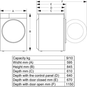 Technical diagram and specifications for Hisense 10kg black heat pump tumble dryer showing front and side views with dimensions including width 595mm, height 845mm, and depth measurements, plus capacity and control panel details