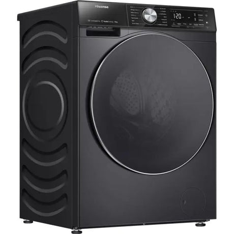 Hisense 12kg black front-load washing machine with 1400 spin speed, digital display showing 120 minutes, wifi connectivity, and autodose feature, shown against white background