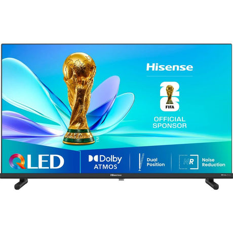 Hisense 32 inch QLED Smart TV displaying FIFA World Cup trophy on turquoise background with QLED, Dolby Atmos, Dual Position and Noise Reduction technology badges visible on bezel