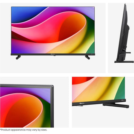 Hisense 32 inch Full HD QLED Smart TV model 32A59Q shown in four views displaying the front with colorful gradient display, side profile, back panel, and stand configuration with black bezel and legs