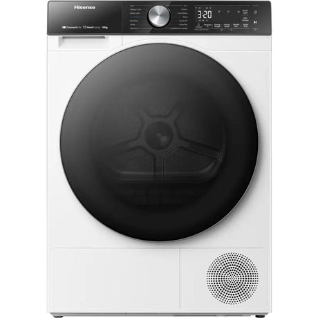 Hisense 5S Series 10kg heat pump tumble dryer in white with black door and control panel, WiFi enabled, front-load design with drum visible through glass door