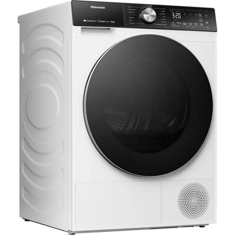 Hisense 5S Series 10 kg heat pump tumble dryer in white with black control panel, large dark grey drum door, digital display showing 3:20, and ribbed side panels