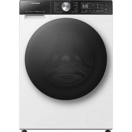 Hisense 5S Series white front-load washing machine with 12kg capacity, 1400 spin speed, black drum door and control panel featuring digital display and chrome dial, viewed from front against white background