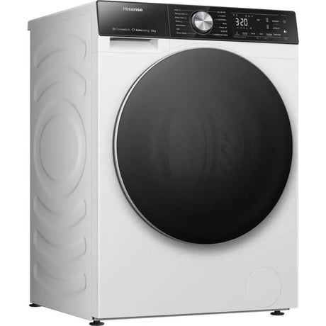 Hisense 5S Series white front-load washing machine with 12kg capacity, 1400 spin speed, black control panel with digital display showing 3:20, and large black drum door