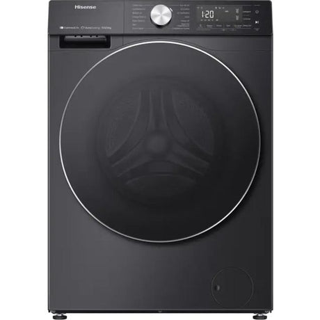 Hisense 5S Series black washer dryer with 10.5kg capacity, digital display showing 120 minutes, large circular drum door, and auto dosing WiFi functionality