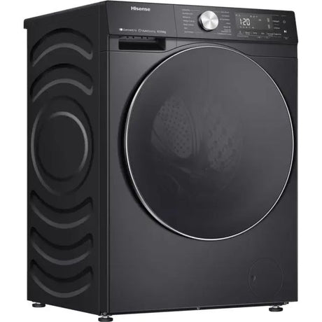 Black Hisense 5S Series 10.5kg washer dryer combo with large circular door, digital display showing 120 minutes, control panel with knob and buttons, and decorative wave pattern on left side