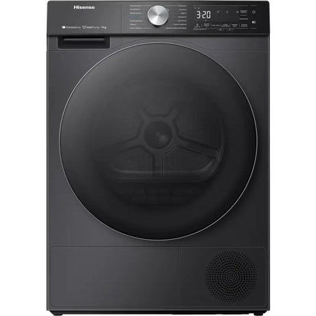 Hisense 9kg heat pump tumble dryer in black with large circular door, digital display showing 3:20, metal control dial, and front-mounted lint filter speaker grille