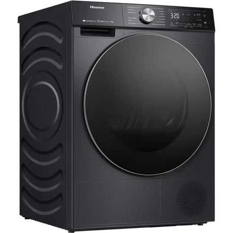 Hisense 9kg black heat pump tumble dryer with digital display showing 3:20, front-mounted drum, control panel with dial and buttons, and wavy texture design on left side