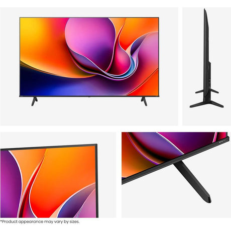Hisense A6Q 50 inch 4K HDR Smart TV displayed from front and side angles showing vibrant colorful abstract gradient display, black bezel frame, and sturdy black tripod stand legs
