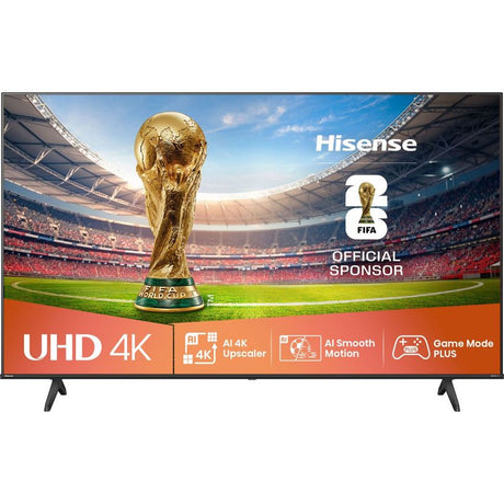 Hisense 65 inch A6Q 4K UHD Smart TV with black bezel displaying FIFA World Cup trophy on stadium screen, featuring AI 4K Upscaler, AI Smooth Motion and Game Mode Plus technologies