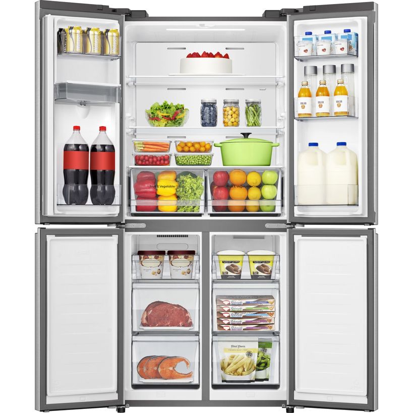 Hisense PureFlat American Style Smart Fridge Freezer in stainless steel with four doors open, displaying fresh produce, beverages, dairy products, and frozen meats organized across multiple shelves and compartments