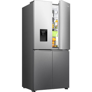 Hisense PureFlat American Style Smart Fridge Freezer in stainless steel with water and ice dispenser, showing open doors displaying fresh produce and beverages inside