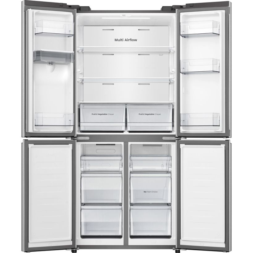 Hisense PureFlat stainless steel American style four-door fridge freezer with Multi Airflow technology, featuring side-by-side refrigerator and freezer compartments with multiple shelves and crisper drawers, shown in front view with doors open