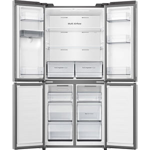 Hisense PureFlat stainless steel American style four-door fridge freezer with Multi Airflow technology, featuring side-by-side refrigerator and freezer compartments with multiple shelves and crisper drawers, shown in front view with doors open