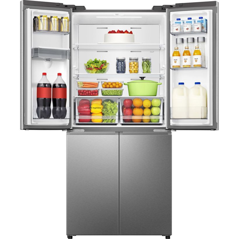 Hisense PureFlat American style four-door smart fridge freezer in stainless steel with open doors displaying fresh produce, beverages, dairy products and condiments inside