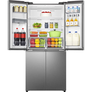 Hisense PureFlat American style four-door smart fridge freezer in stainless steel with open doors displaying fresh produce, beverages, dairy products and condiments inside