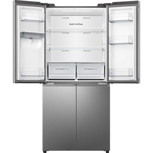 Hisense PureFlat stainless steel American style four-door fridge freezer with Multi Airflow technology, dual fruit and vegetable crisper drawers, and split upper and lower compartments shown with doors open displaying interior shelving