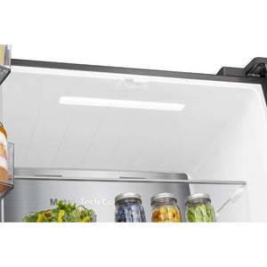 Hisense PureFlat American Style Smart Fridge Freezer in stainless steel showing open refrigerator shelf with fresh vegetables in crisper drawer and glass storage jars containing preserved items and water