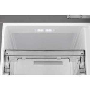 Interior view of empty Hisense PureFlat American Style smart fridge freezer with stainless steel finish showing white compartment, LED lighting, and transparent drawer with black frame