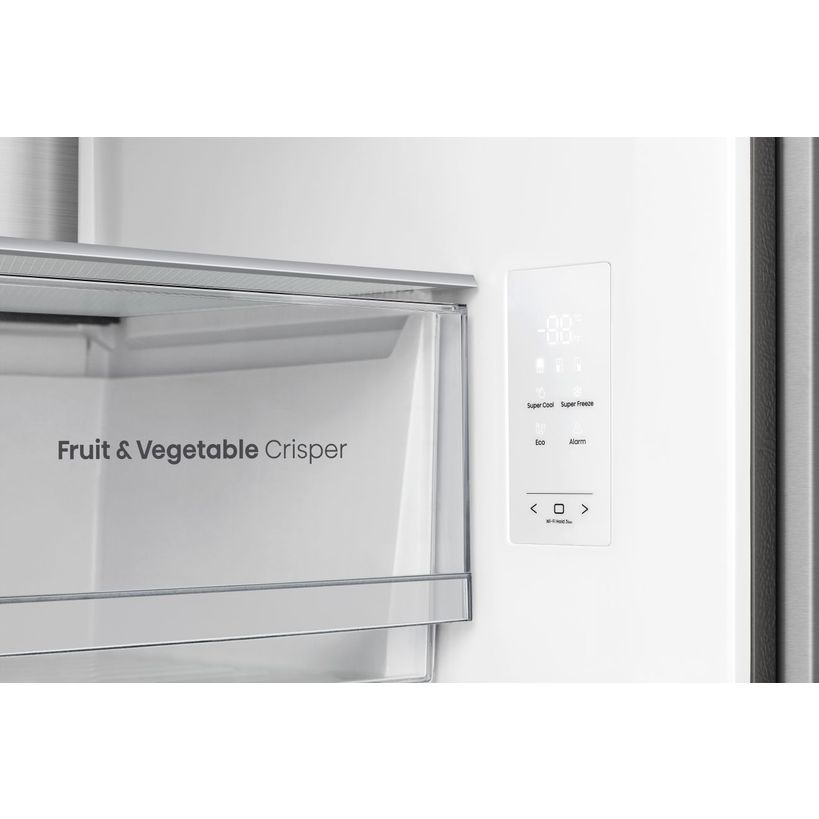 Hisense PureFlat stainless steel American style fridge freezer showing Fruit and Vegetable Crisper drawer and white digital control panel with temperature display and touch controls