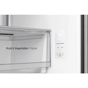 Hisense PureFlat stainless steel American style fridge freezer showing Fruit and Vegetable Crisper drawer and white digital control panel with temperature display and touch controls
